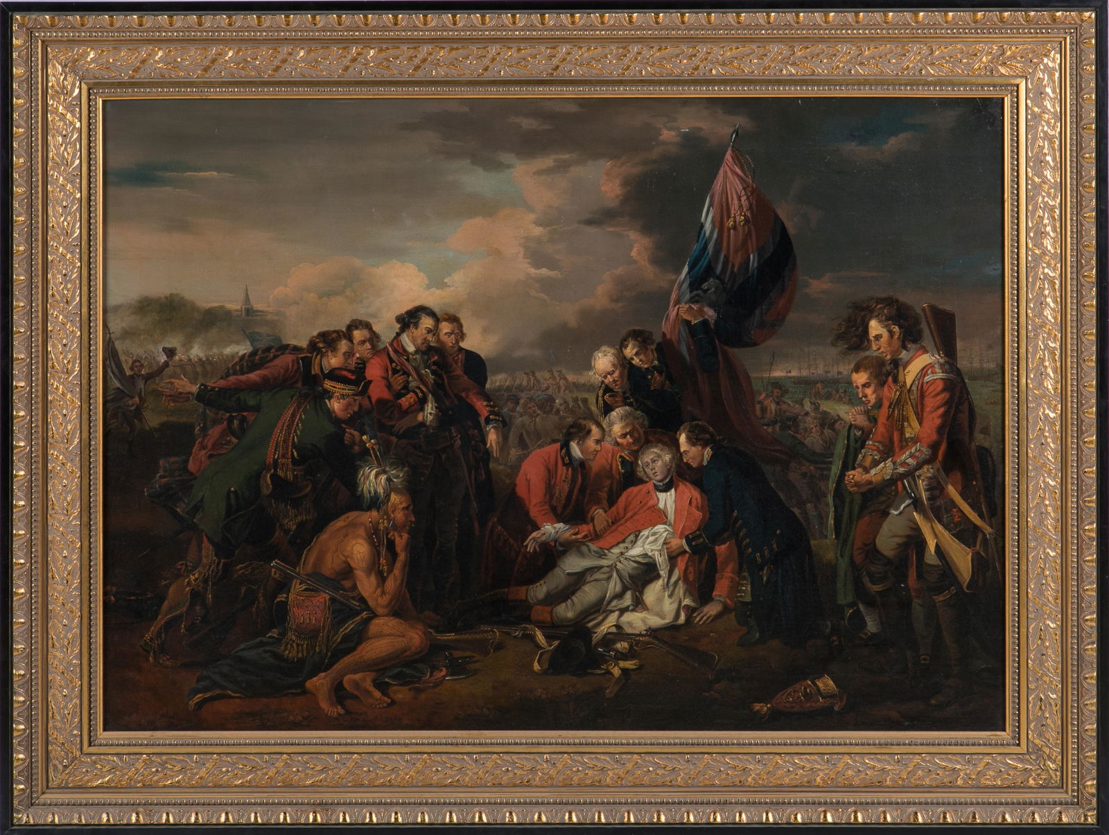 AFTER BENJAMIN WEST (American/British, 1738-1820): The Death of General Wolfe Oil on Canvas Size of canvas: 75 x 106 cm (29 1/2 x 41 1/2 in.) Note: "Alec Macdonald" inscribed on verso. Label for Almeida Restoration, Toronto, verso. Proceeds to benefit