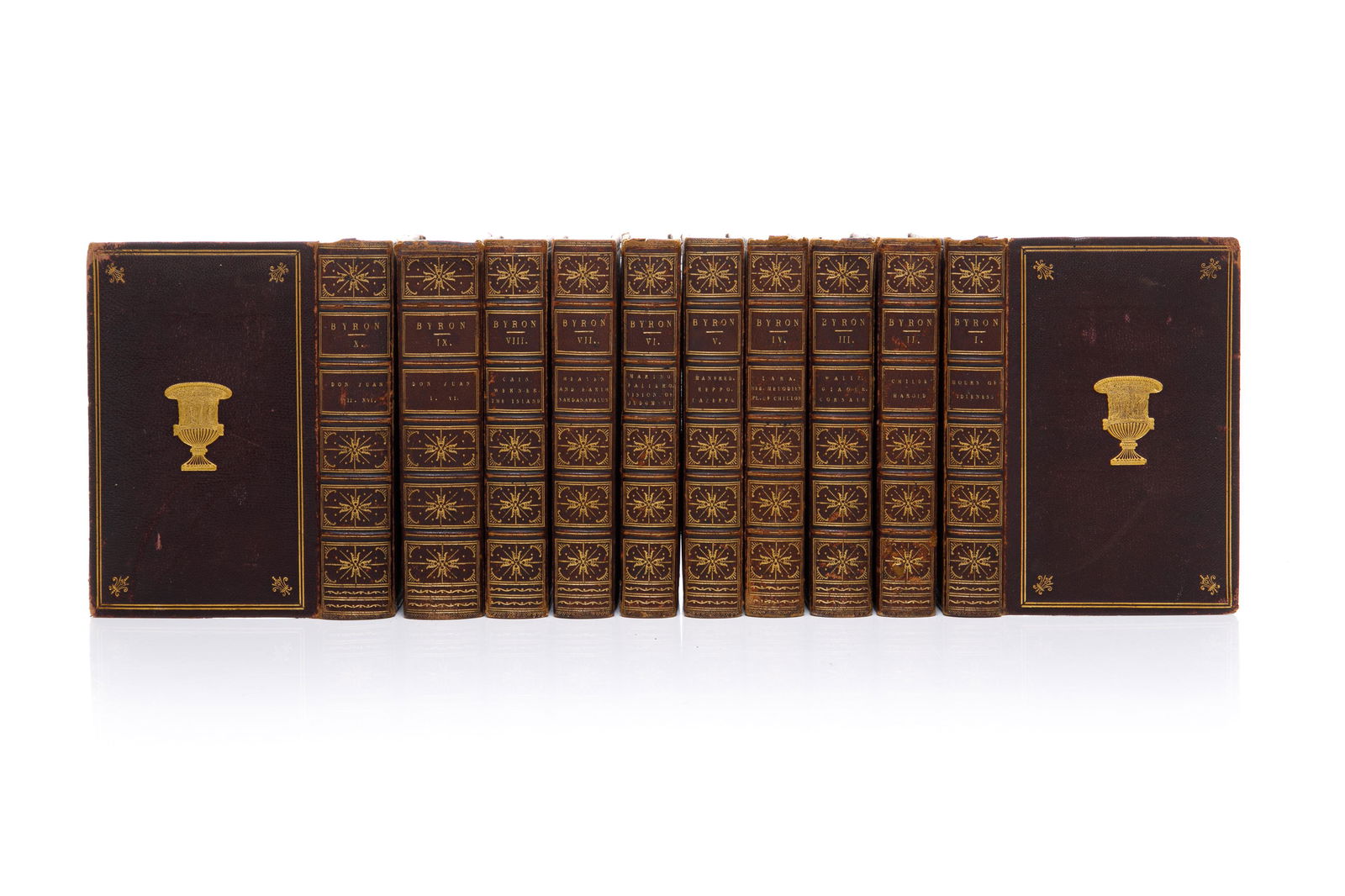 [BINDINGS] WORKS OF LORD BYRON. 10 VOLUMES: Byron, Lord George. THE POETICAL WORKS OF LORD BYRON. London: John Murray, 1851. 10 volumes. Illustrated with engravings, foldingautograph facsimile. 12mo, full brown morocco, gilt decorated and stamp