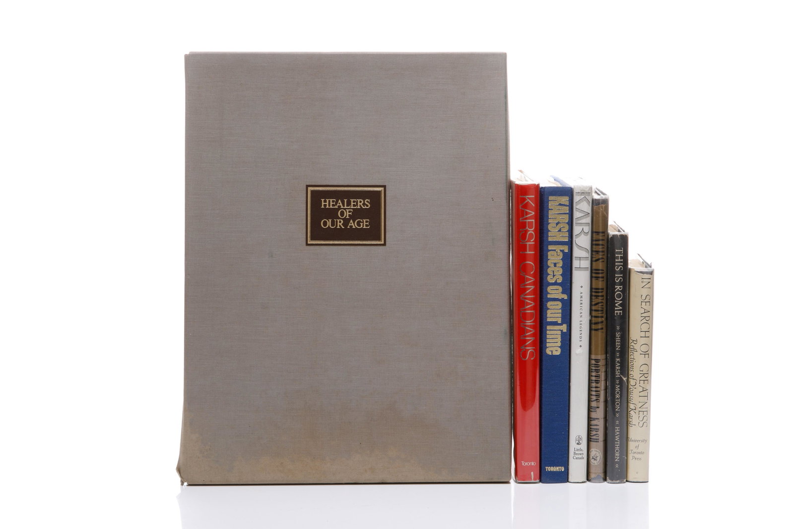 [KARSH] A LOT OF 7 VOLUMES: [KARSH] A lot of 7 volumes, including: Yousuf, Karsh. HEALERS OF OUR AGE. Boston: Oliver Wendell Holmes Endowment of the Francis A. Countway Library, [1976]. Folio, Original gray cloth clamshell box p