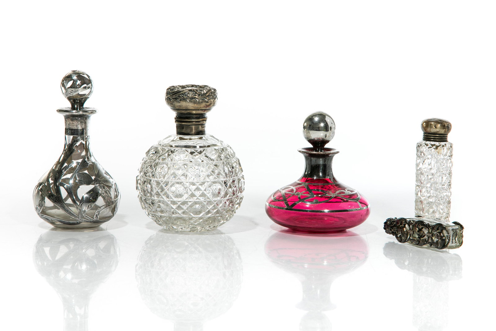 FIVE VINTAGE GLASS PERFUME BOTTLES WITH SILVER (1 of 2)