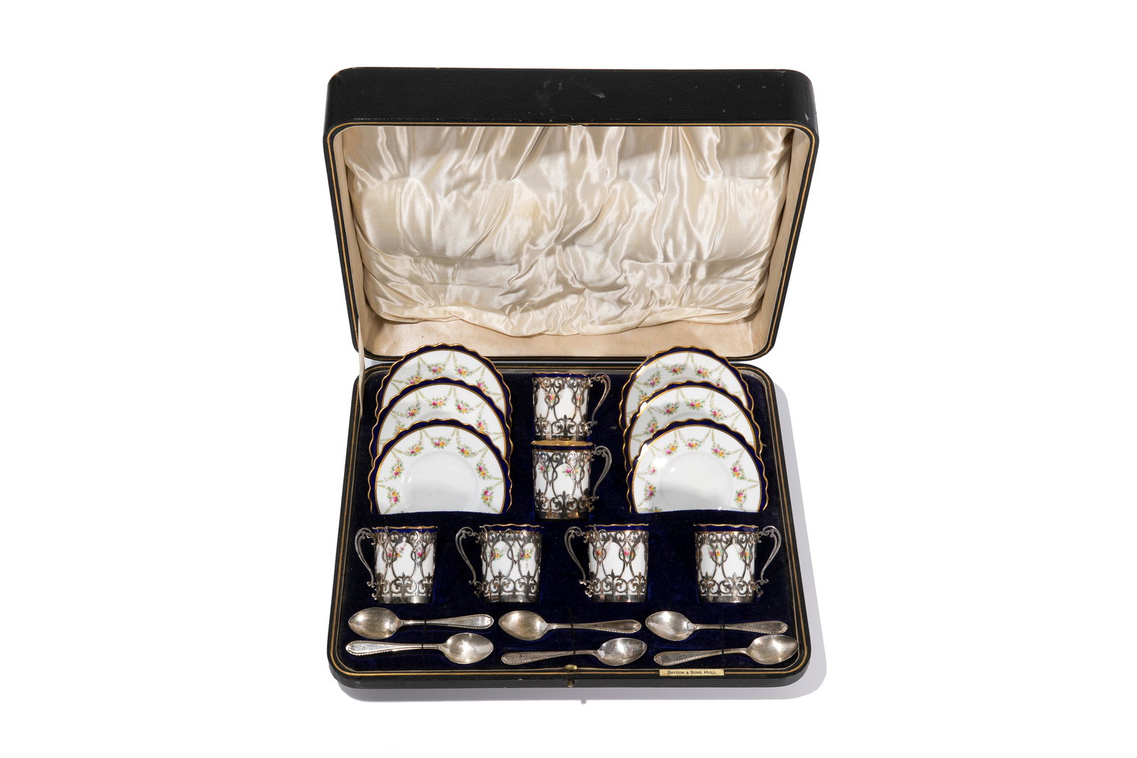 CASED SET OF SILVER MOUNTED AYNSLEY COFFEE CUPS (1 of 6)