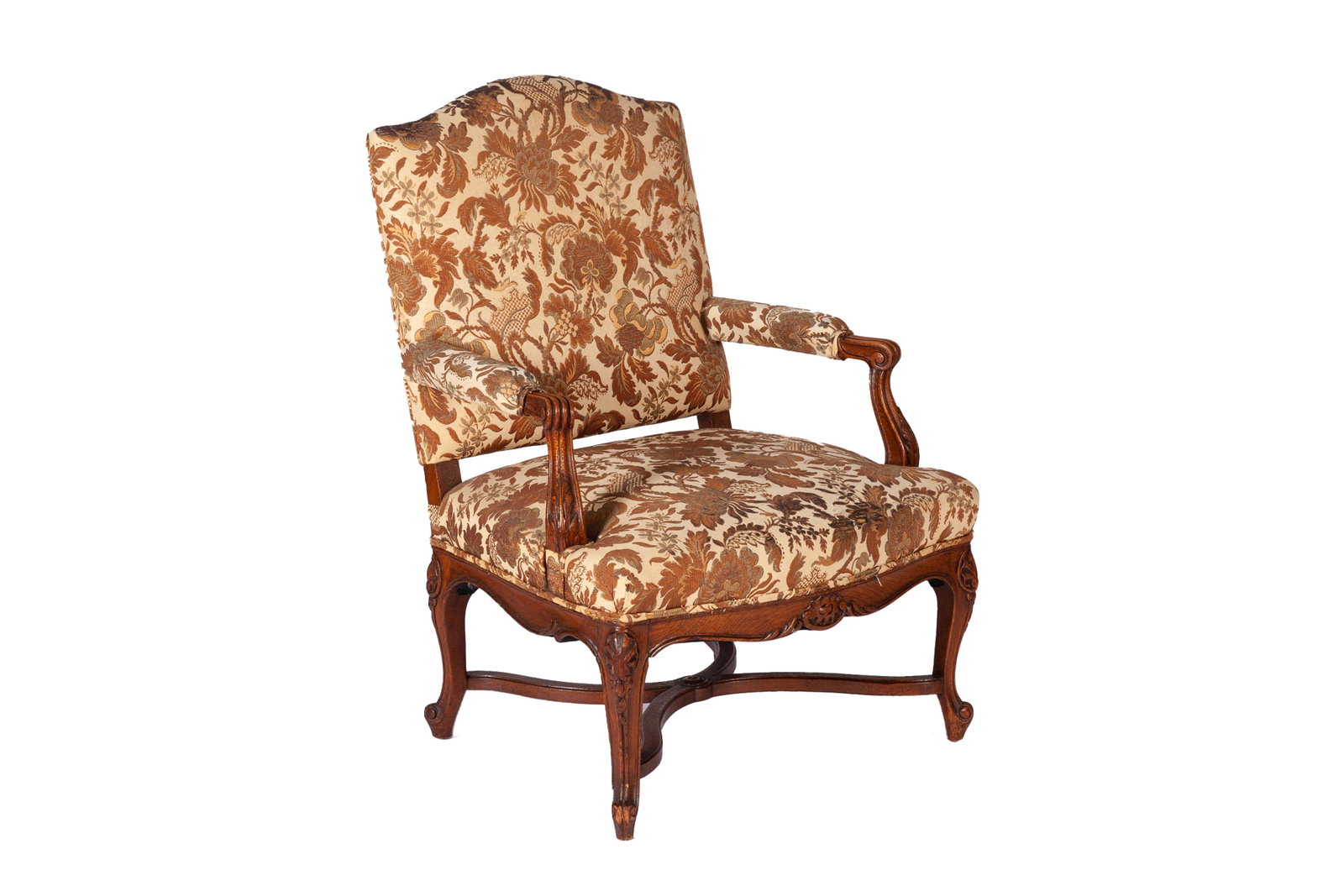 FRENCH CARVED & UPHOLSTED ARMCHAIR: H. 40" W. 28" D. 30 1/2"
