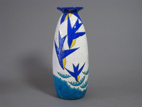 BOCH FRERES KERAMIS POTTERY VASE BELGIAN: Boch Freres Keramis pottery vase with blue bird and water enamel design on white crackled ground. Belgian. H 31 cm (12 1/4 in).