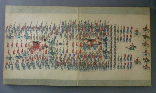 IMPORTANT KOREAN WATERCOLOUR PROCESSION, CHOSON : Important Korean fold out watercolour of a Joseon Emperor procession. The procession features men on foot in military uniform and traditional clothing, men on horseback, various weapons including rifl