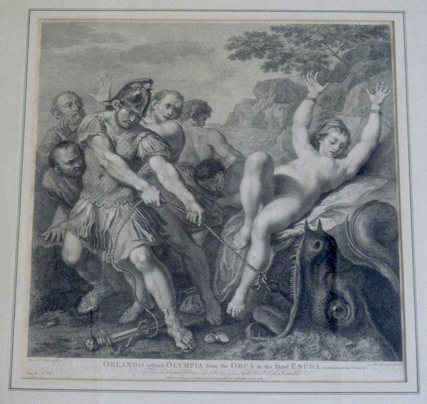 FRANCESCO BARTOLOZZI ENGRAVING, 1768: Francesco Bartolozzi engraving of Orlando and Olympia published by J. Boydell, London, 1768.17 x 17 in.