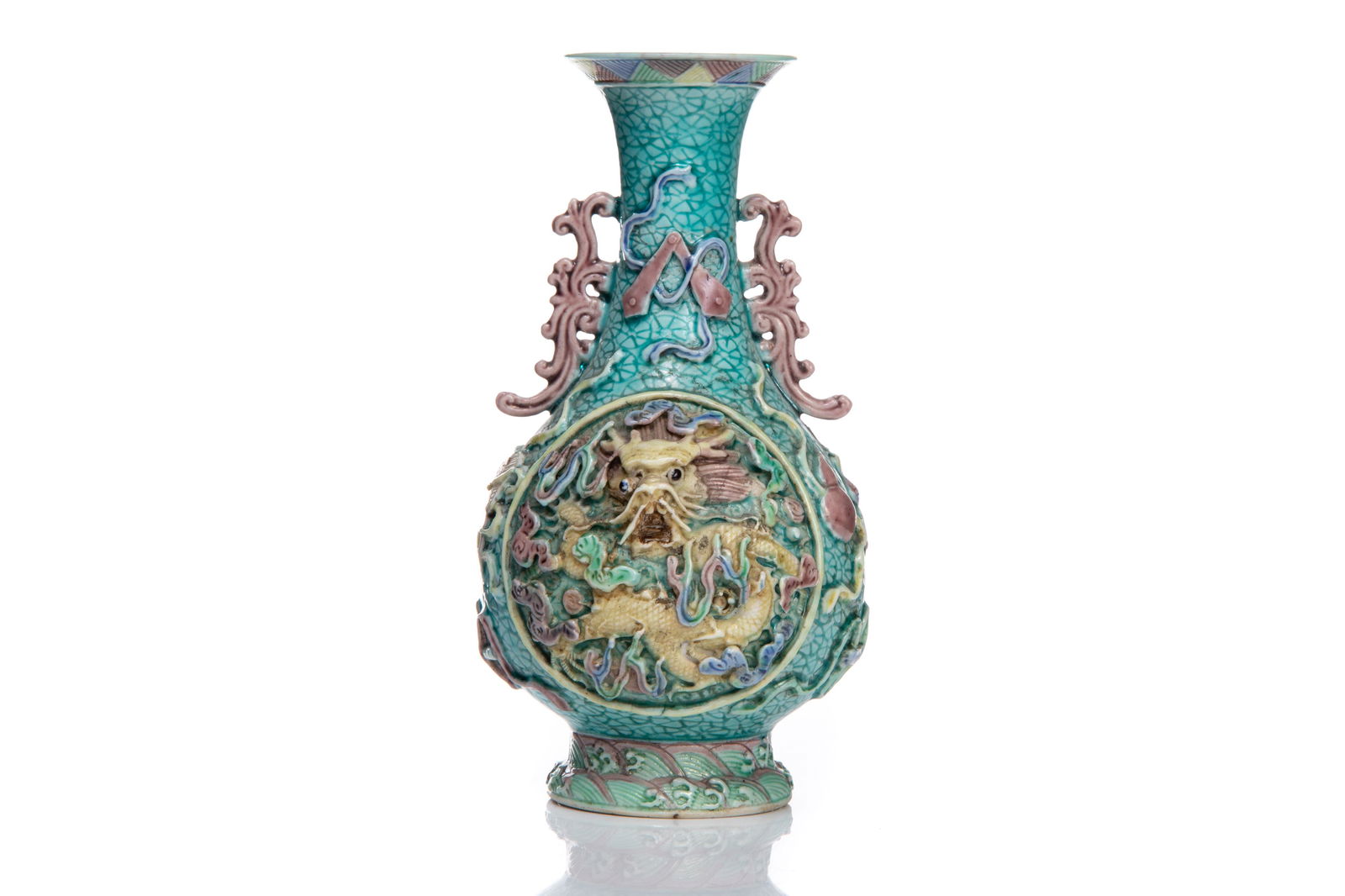 CHINESE TURQUOISE GLAZE VASE W/ HIGH RELIEF DRAGON (1 of 10)