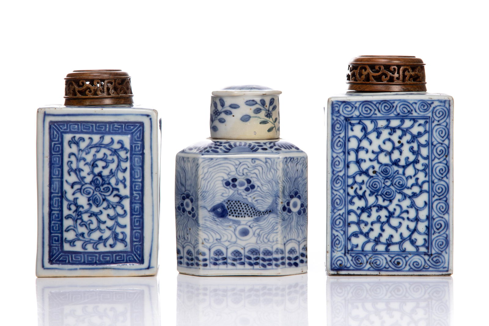 THREE BLUE & WHITE PORCELAIN CADDIES (1 of 4)