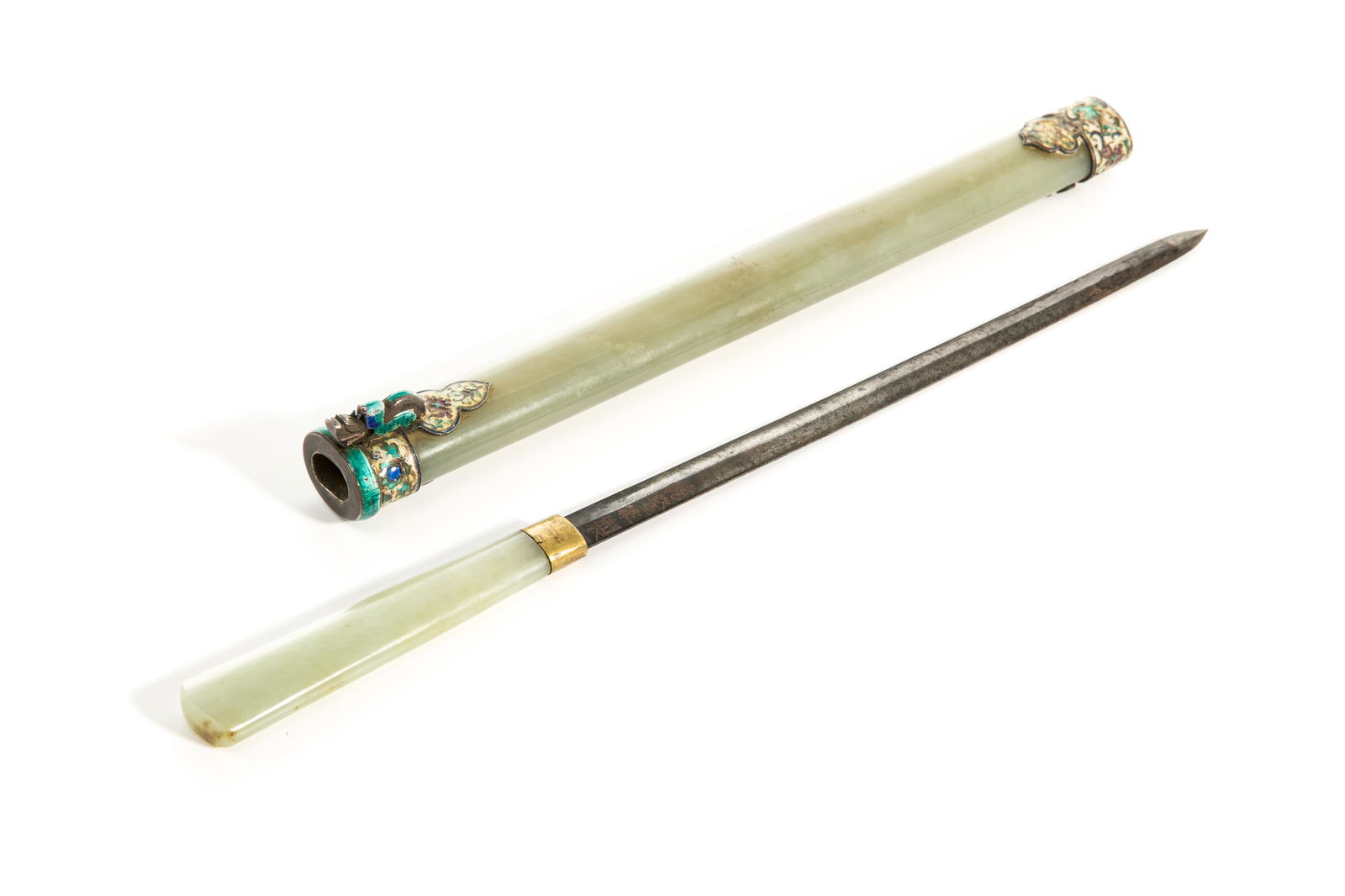 CHINESE JADE & ENAMEL MOUNTED DAGGER (1 of 9)