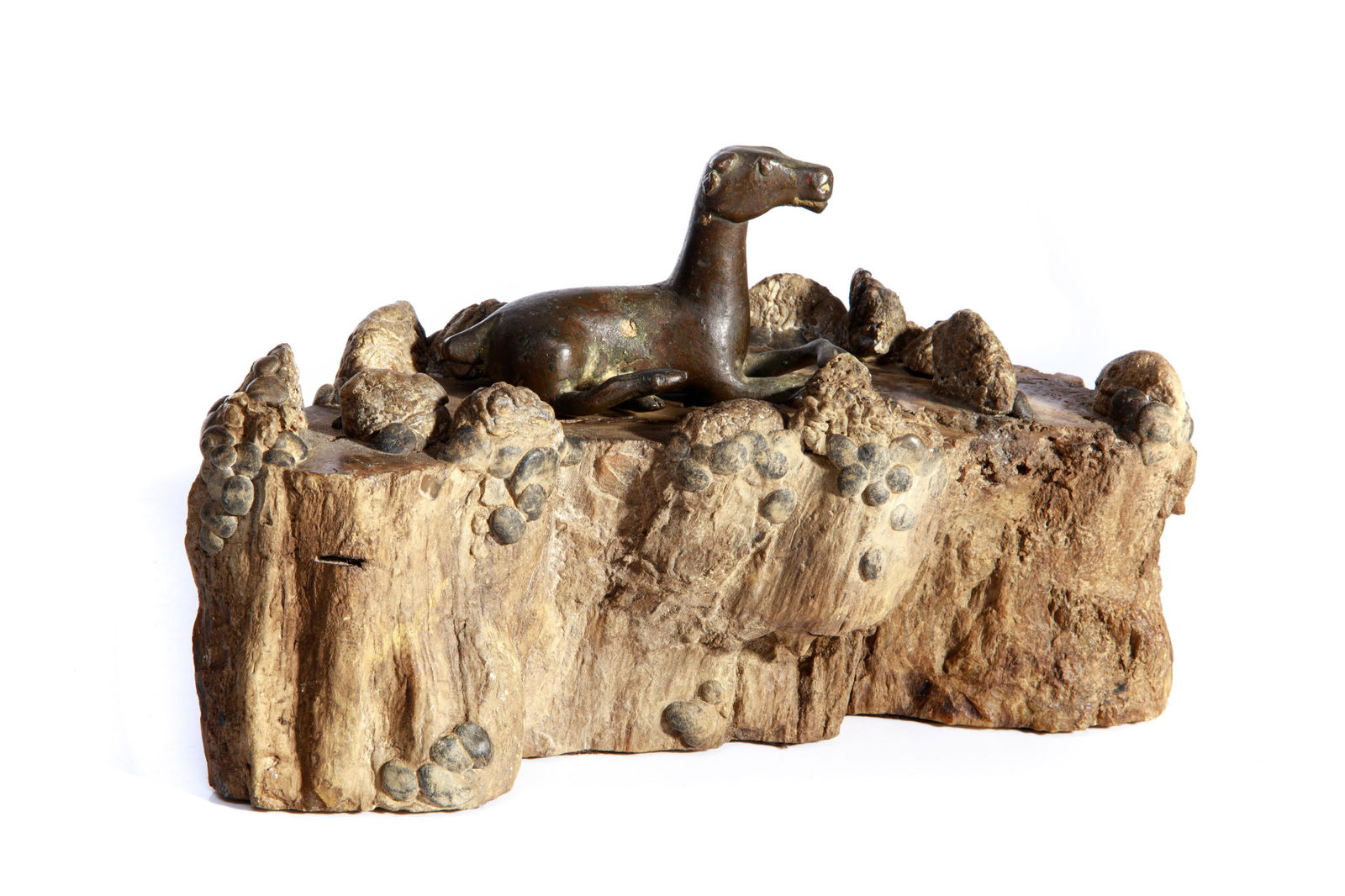 PETRIFIED WOOD STAND WITH BRONZE HORSE (1 of 6)