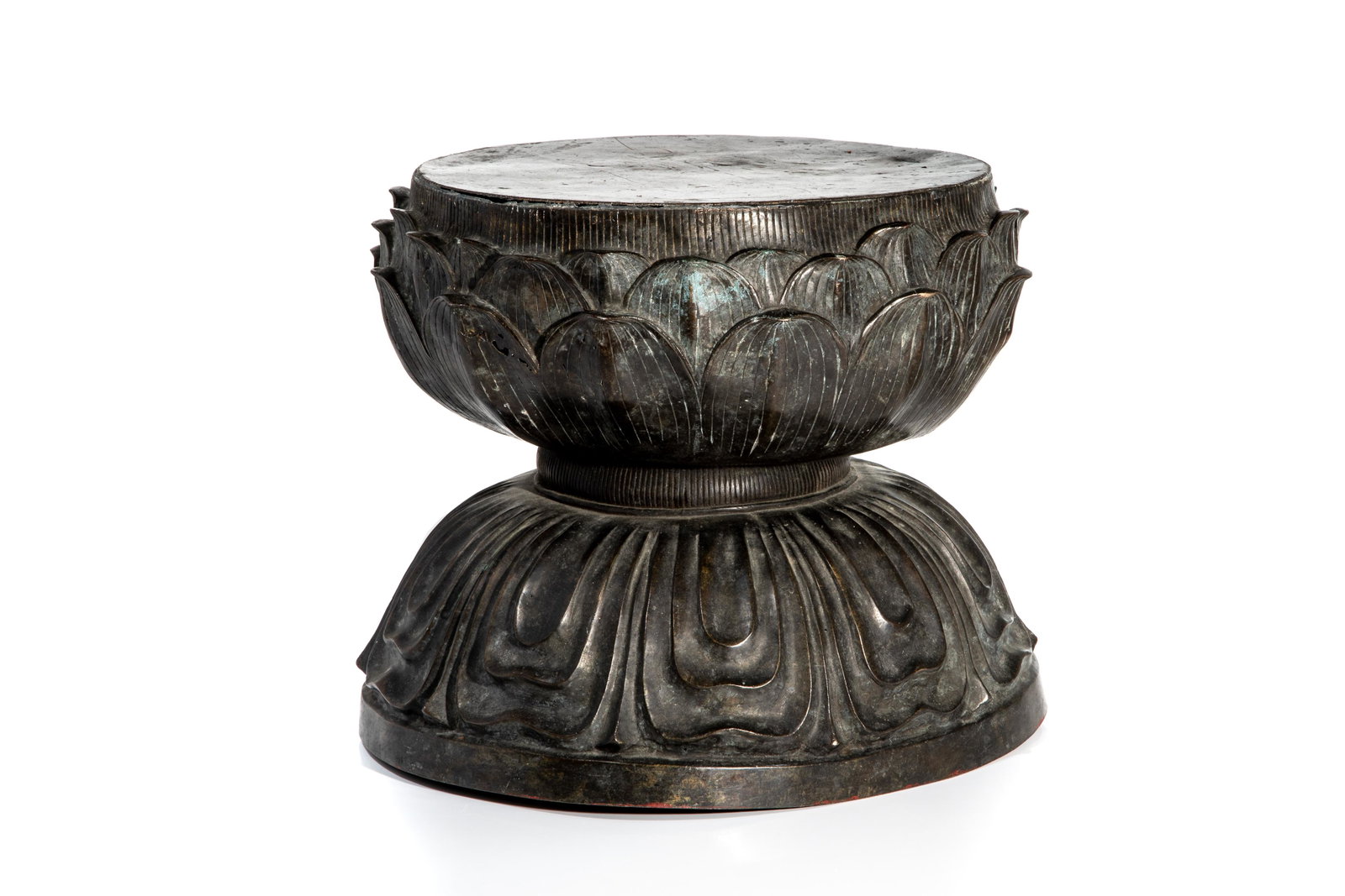 JAPANESE BRONZE LOTUS PEDESTAL: Meiji period, lotus petal form stand, with notched hole in base for insertion of Buddha. H. 33 cm (13 in.), W. 37.5 cm (14.8 in.) Provenance: Held privately in an important West Coastcollection, Victo