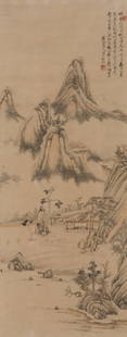 TANG YIFEN (1778-1853), FRAMED LANDSCAPE PAINTING: 湯貽汾Ink and colour on paper, framed. Signed Yusheng Yifen, undated, with an inscription and two red seals of the artist. Featuring figures and thatched houses in a cloudy mountainl