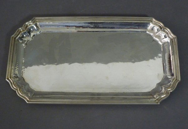 BUCCELLATI ITALIAN SILVER CARD TRAY: Buccellati rectangular silver card tray with stepped border, 20th century. W 26 cm. (10 1/4 in.) W 293 grams