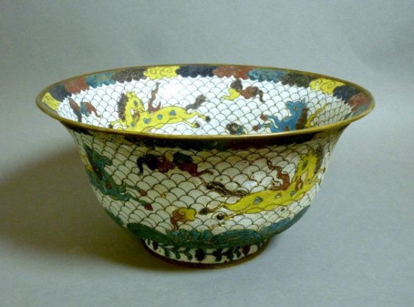 EARLY CHINESE CLOISONNE BOWL HORSES: Chinese cloisonne bowl with horses on a white scale ground above water. Cloisonne enamel on the interior and exterior. The base with an unusual crossed flag mark. 18th century or earlier. D 25.8 cm (9