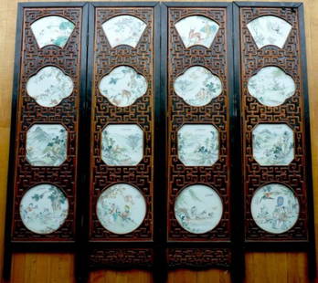 CHINESE FOUR PANEL SCREEN WITH PORCELAIN PLAQUES: Fine Chinese four panel folding screen with sixteen finely painted famille rose porcelain plaques. The plaques are all signed and decorated with either animals, figures or landscapes with alternating