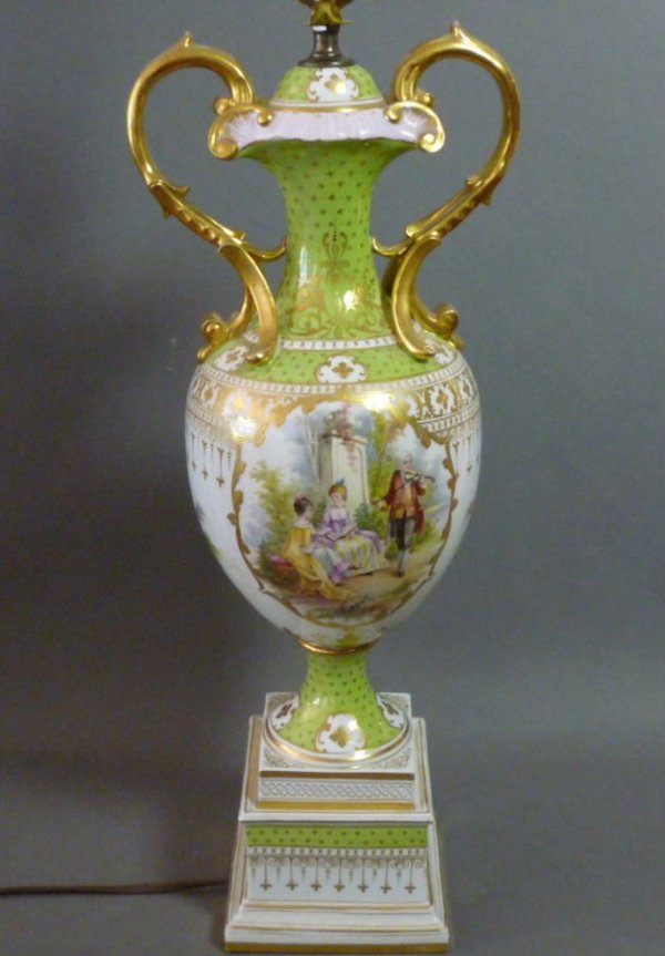 LARGE GERMAN DRESDEN URN POTSCHAPPEL THIEME: Dresden porcelain run converted to lamp. Mark for Carl Thieme, Potschappel. Apple green and gilt decoration with large hand painted floral sprays. Height of urn 55.5 cm (21 7/8").