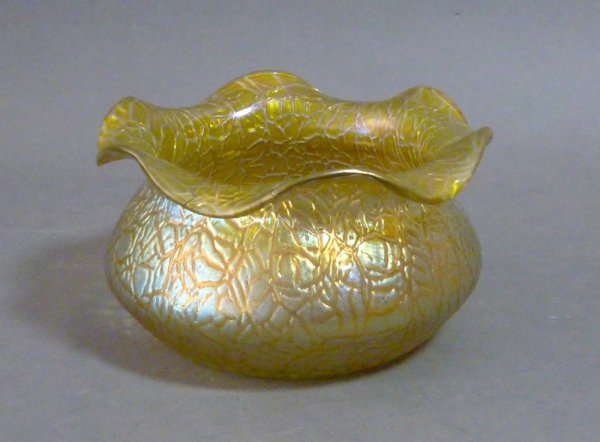 POSSIBLY LOETZ AUSTRIAN GLASS SCALLOPED BOWL: Possibly Loetz iridescent yellow textured glass bowl with scalloped rim. Dia 13 cm. (5 in.).