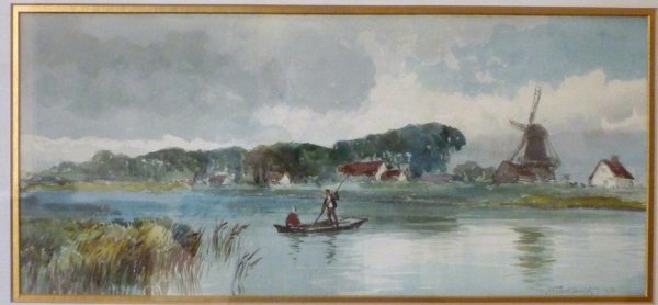 F.M. BELL-SMITH (1846-1923) CANADIAN, WATERCOLOUR: Frederic Marlett Bell-Smith O.S.A., R.C.A. (1846 - 1923) Canadian, Punting Across the River, watercolour, signed & dated lower right, '93' 21 x 47.5 cm. (8 1/4 x 18 3/4 in.).