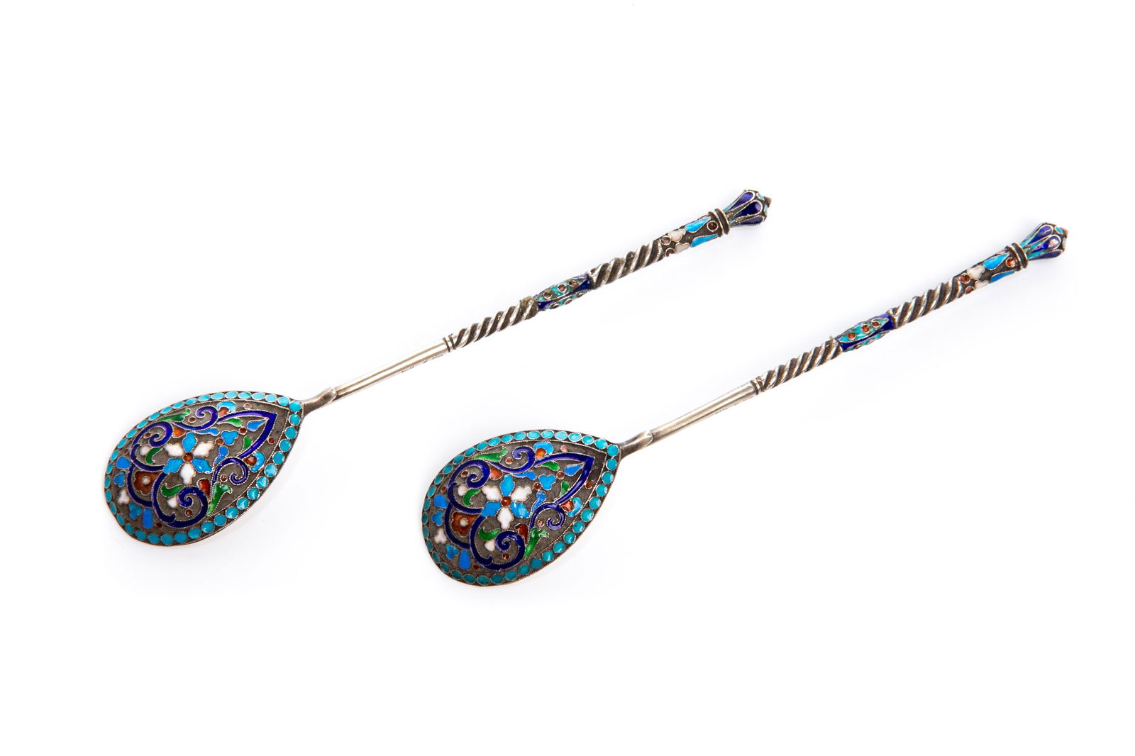 PAIR OF RUSSIAN SILVER & ENAMEL DEMITASSE SPOONS (1 of 6)