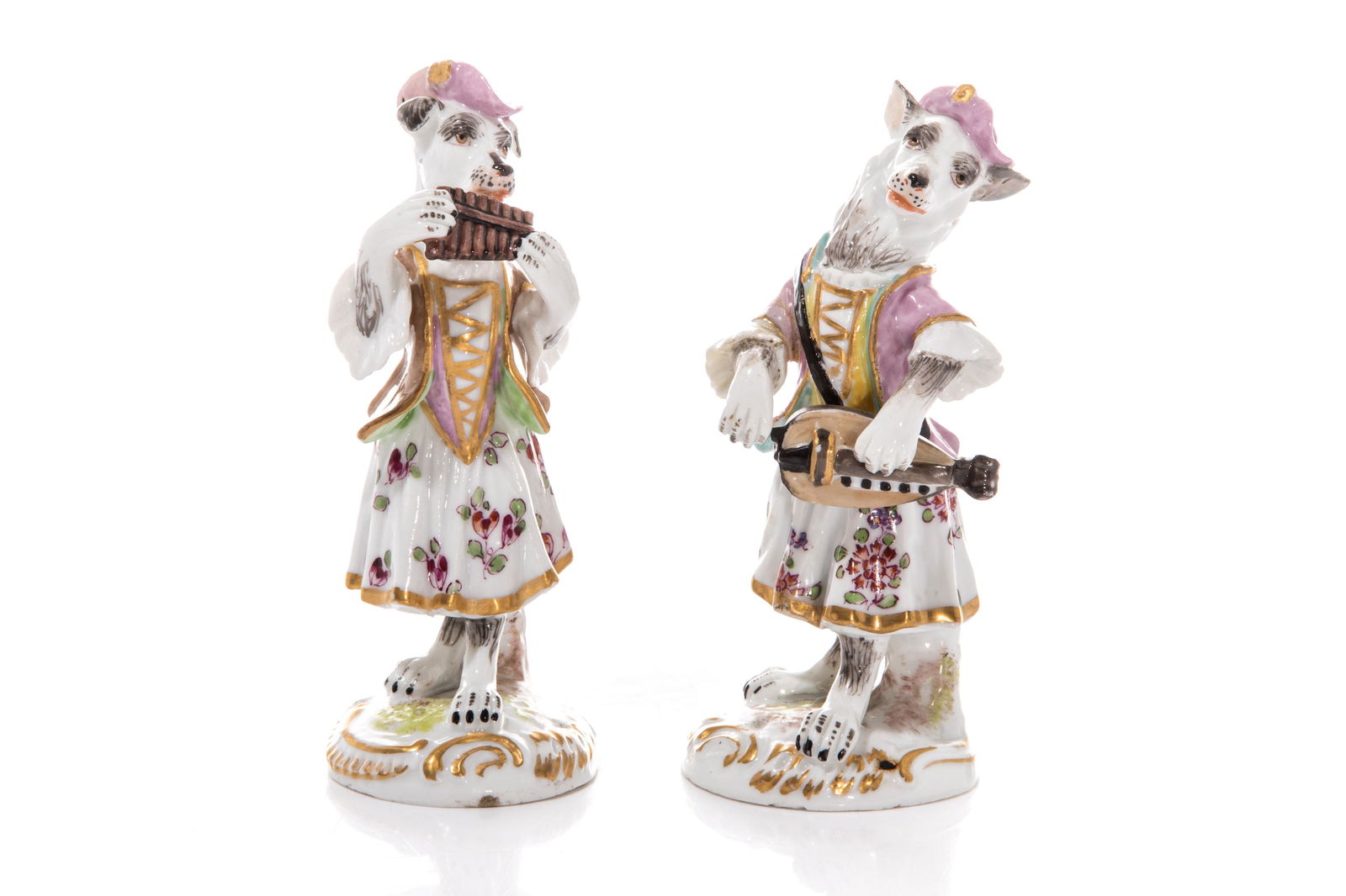 PAIR OF DRESDEN PORCELAIN DOG MUSICIAN FIGURES (1 of 8)