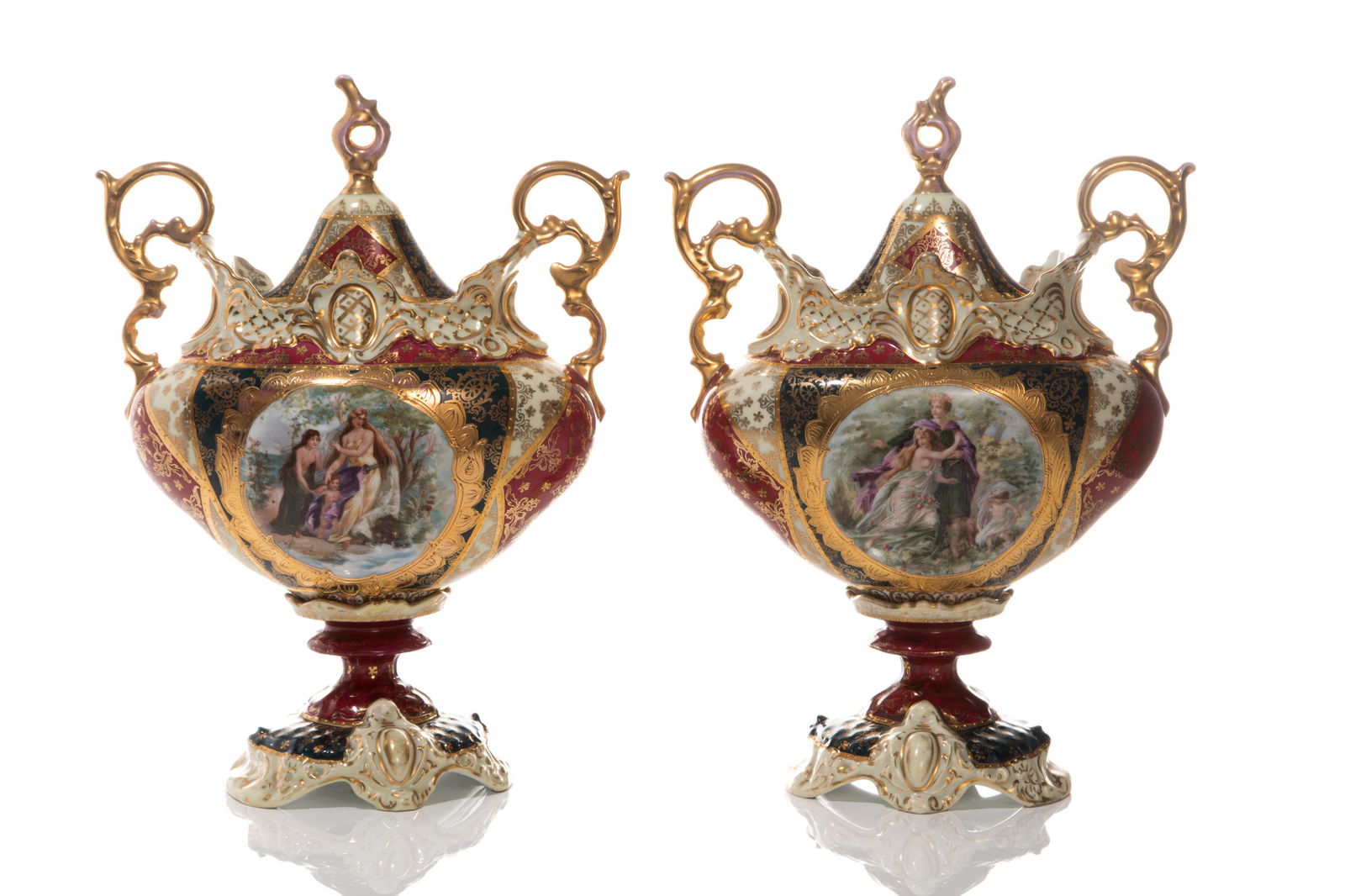 PAIR OF  AUSTRIAN PORCELAIN COVERED URNS (1 of 7)
