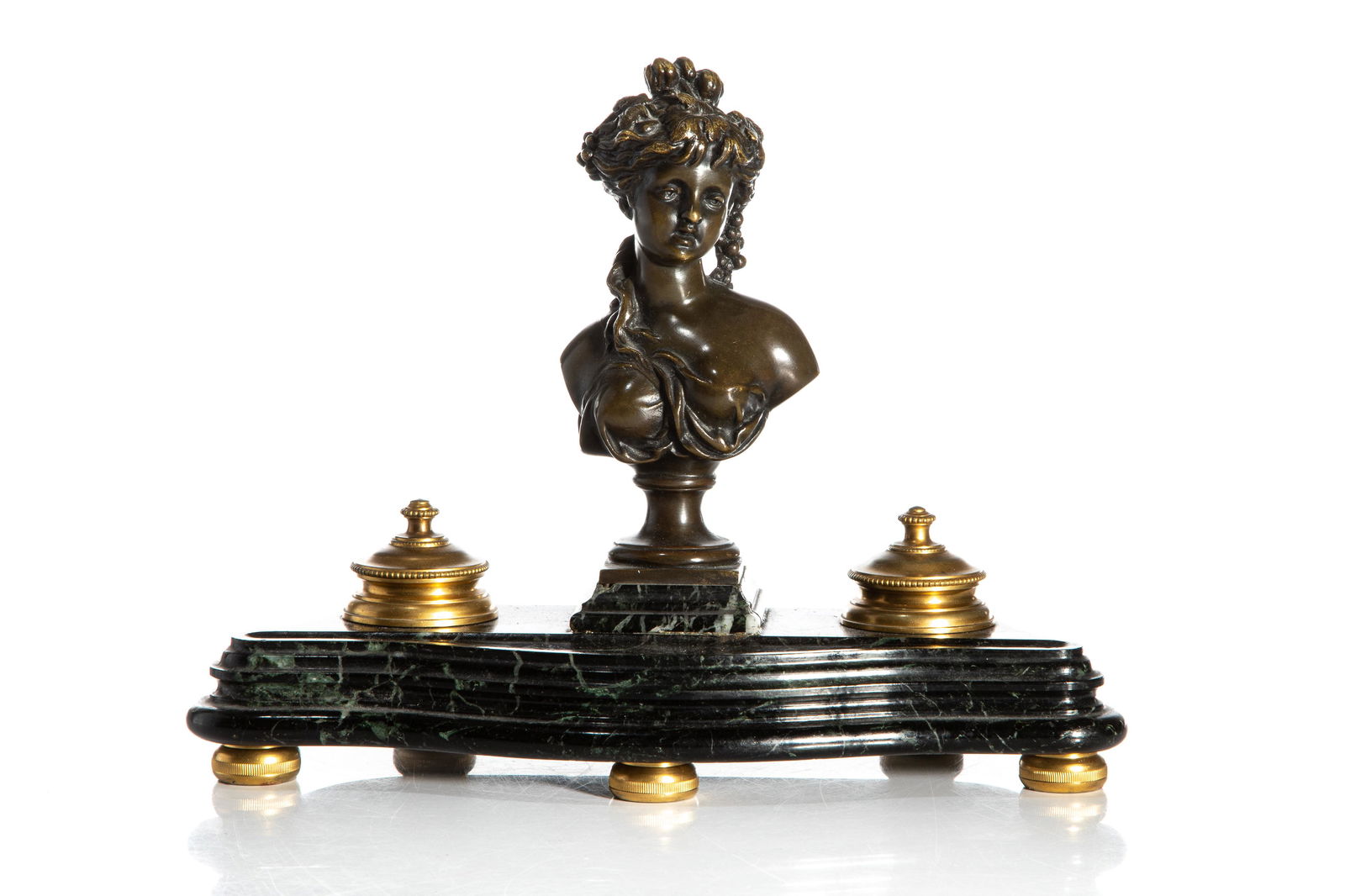 FRENCH BRONZE INKSTAND WITH MARBLE BASE (1 of 6)