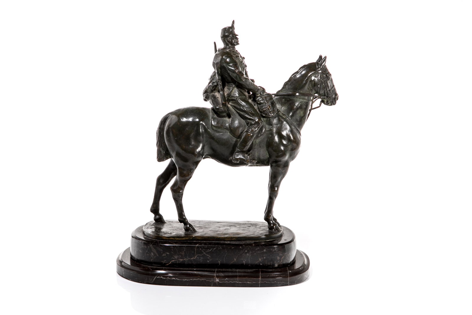 HUNGARIAN BRONZE OF A COMMANDER ON HORSEBACK: Hungarian, early 20th C by artists Zsigmond Kisfaludi Strobl (Hungarian, 1884-1975). Depicting a man in military uniform on a horse, with a rifle. Mounted on a stepped marble oval base. Inscribed with