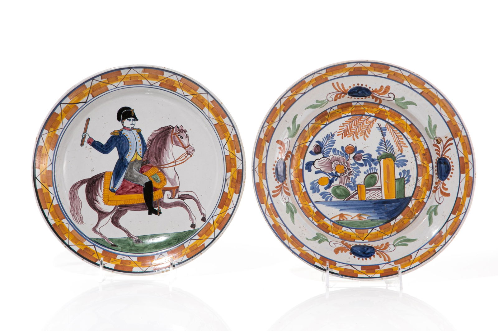 TWO 18TH C FRENCH FIGURAL FAIENCE POTTERY CHARGERS (1 of 3)