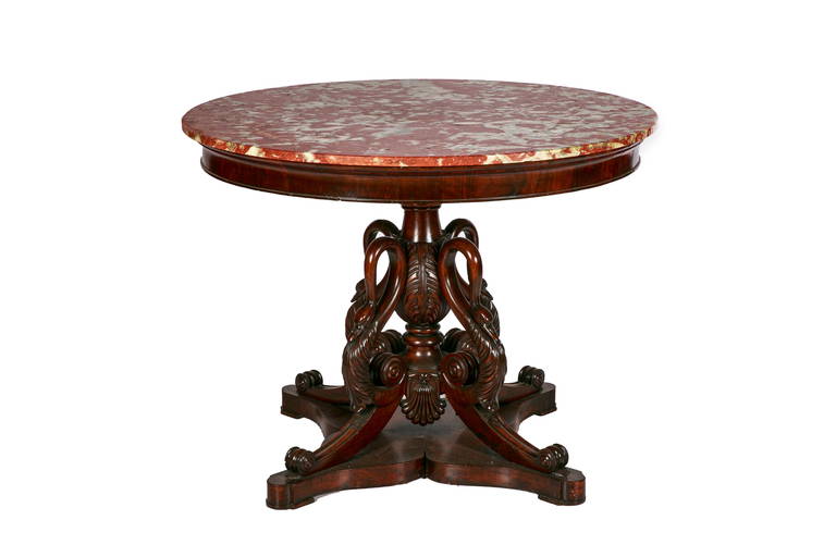 MAHOGANY MARBLE TOP TABLE WITH CARVED SWAN BASE (1291) on Sep 28, 2021