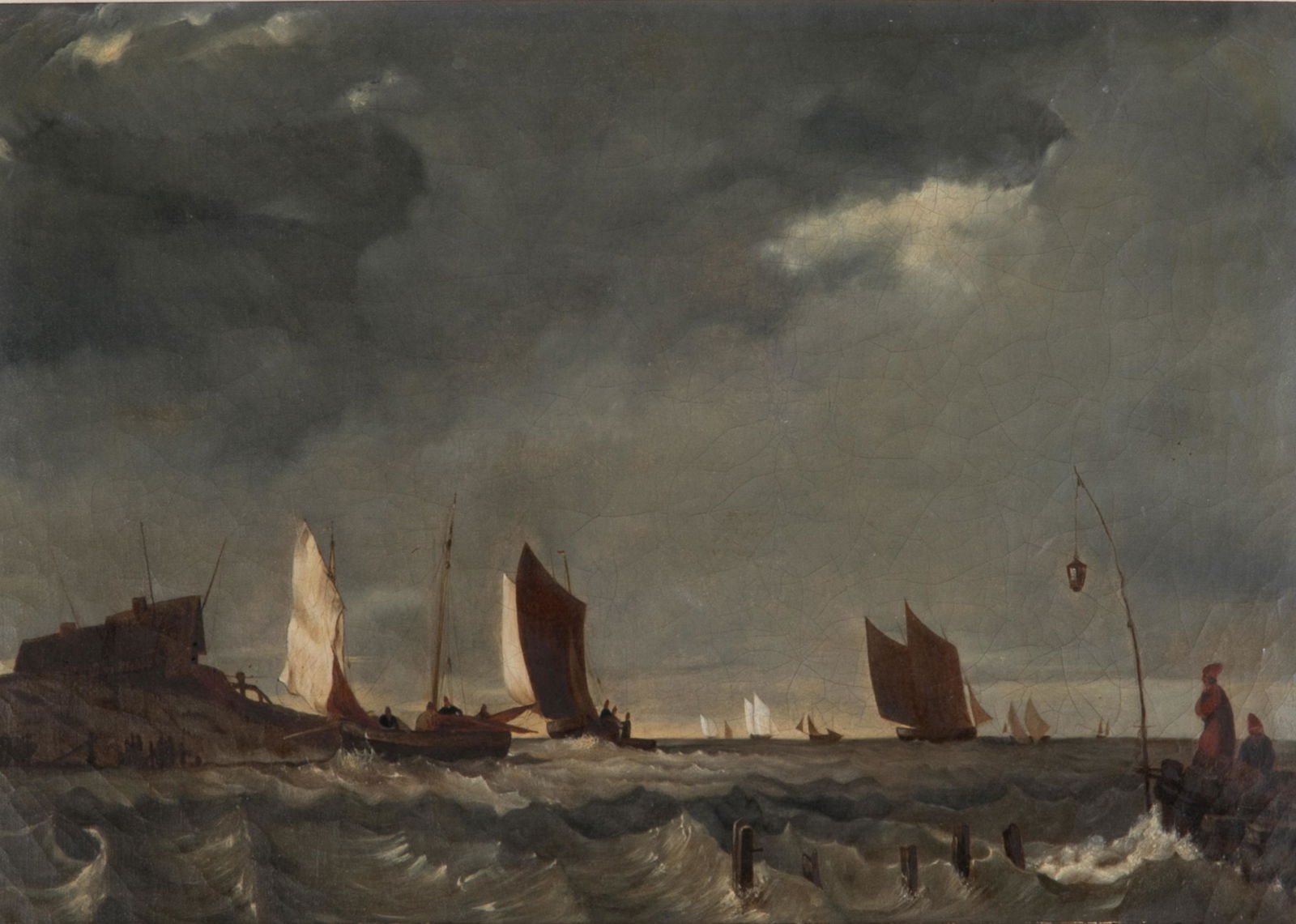 EARLY 19TH C FRENCH OR DUTCH SCHOOL: Port Scene with Sailors in Red Caps Oil on canvas Size: 13.5 x 18.5 in. Alphonse Giroux & Cie stamped canvas