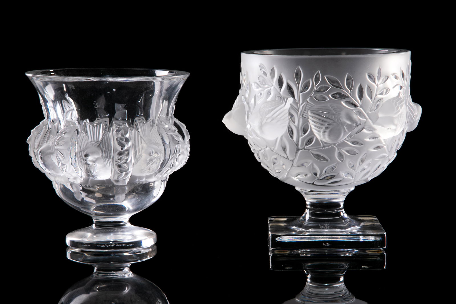 TWO LALIQUE FRANCE GLASS BIRD VASES (1 of 6)