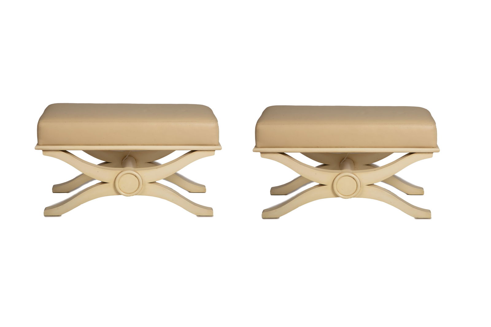 PAIR OF LEATHER FOOTSTOOLS ON X-FORM BASES (1 of 2)