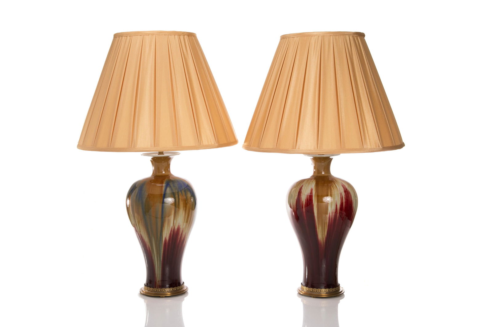 NEAR PAIR OF NEON FLAMBE POTTERY TABLE LAMPS (1 of 1)