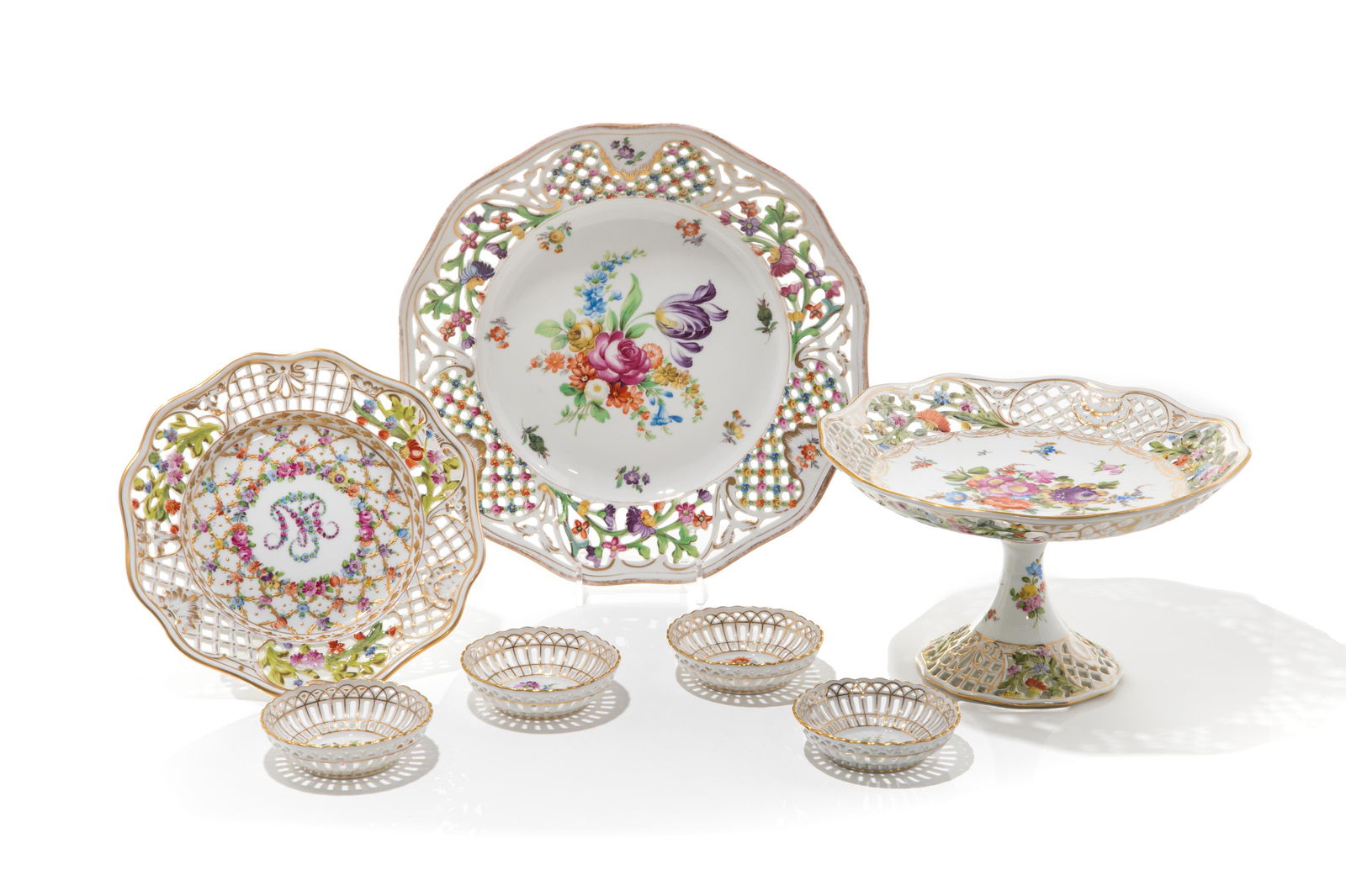 SEVEN PCS HAND PAINTED DRESDEN PIERCED PORCELAIN (1 of 5)