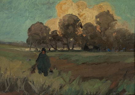 JOHN WILLIAM BEATTY (Canadian, 1869 - 1941): Hunter in a Field Oil on board Signed lower right Size: 8 x 11.5 in. With Roberts Gallery, Ltd., stock no. 3760A