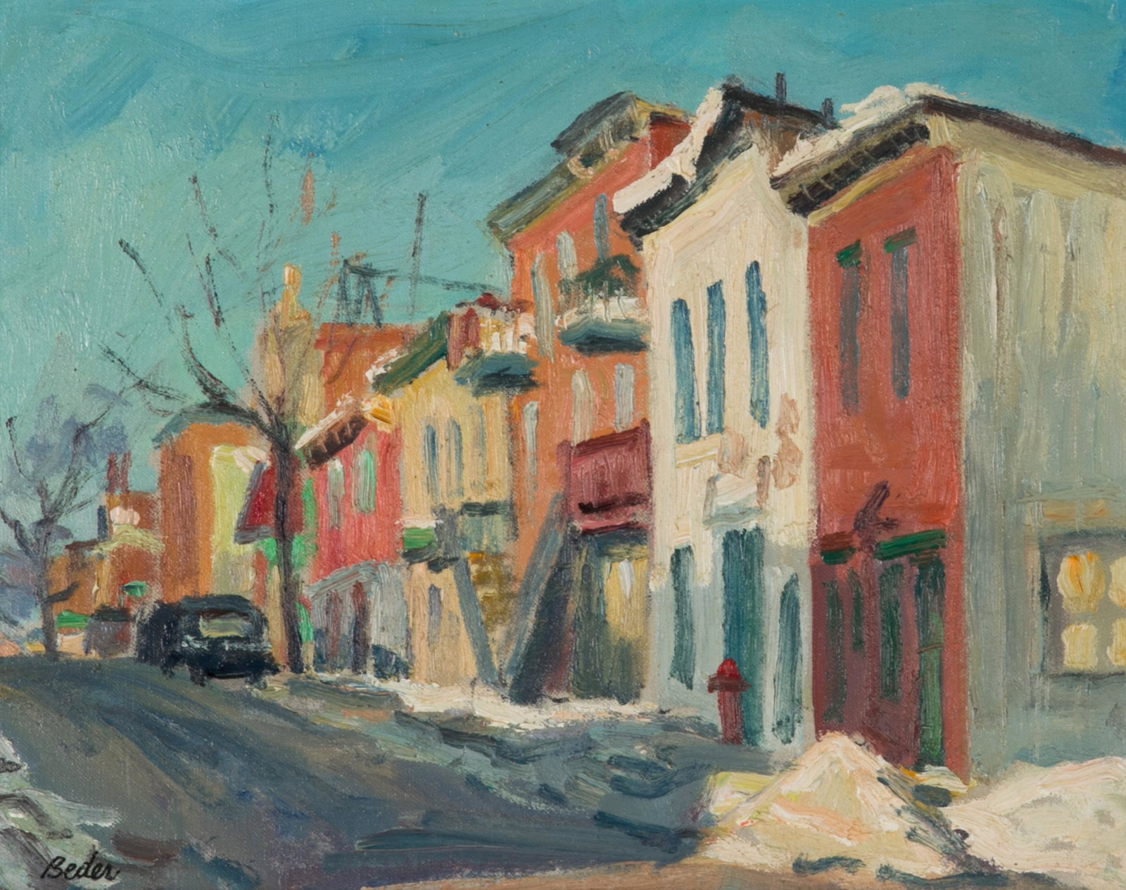 JACK BEDER (Canadian, 1909-1987): January Morning St. Dominique Street, Montreal (1974) Oil on board Signed, titled, dated verso with artist's proprietary stamp and inv. no. 893 Size: 8 x 10 in. With Ingram Gallery, Toronto, label ver