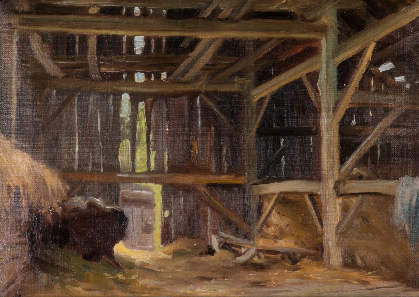 ARTHUR ALEXANDER DRUMMOND (Canadian, 1891-1977): Old Barn Interior (c. 1930s) Oil on canvas board Size: 7 x 10 in. Note: Signed by Alex Drummond, executor, to label verso; Roberts Gallery Ltd., Toronto, stock no. 7661K