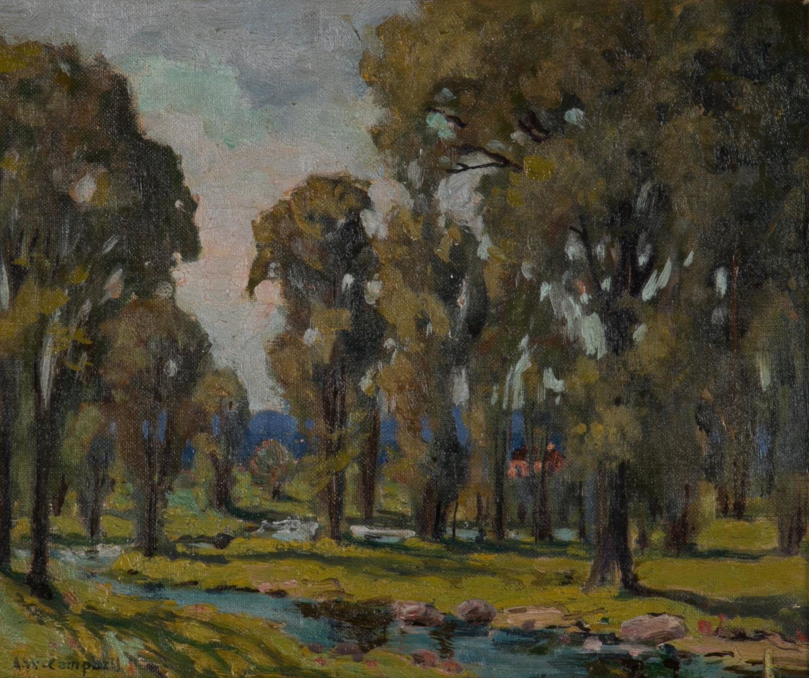 ALFRED WILLIAM CAMPBELL (Canadian, late 19th C): The Elm Grove (1934) Oil on board Signed lower left Size: 10 x 12 in.