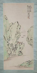 LIANG YUWEI (1844-1917), SAILBOATS IN BAXIA: Ink and colour on paper, hanging scroll. In a pale green palette, featuring sailboats in the spring of Baxia. Dated yisi in the reign of Gunagxu (1905), with a dedication and three red seals of