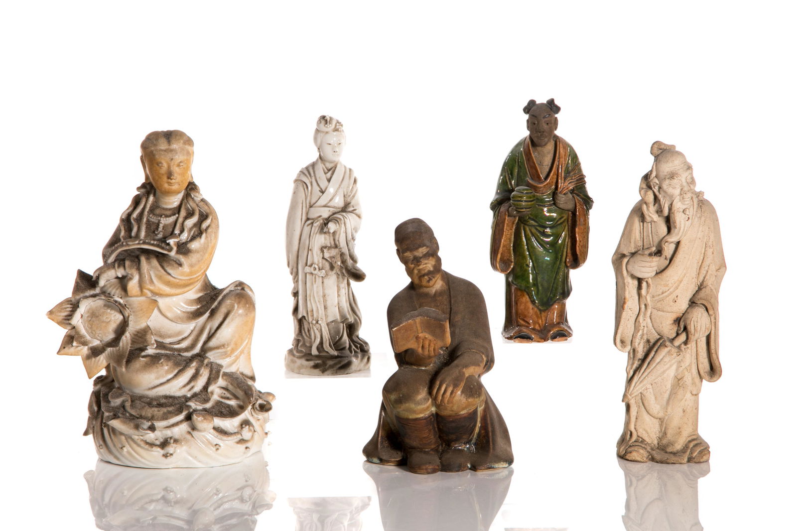 FIVE CHINESE POTTERY & PORCELAIN FIGURES (1 of 3)