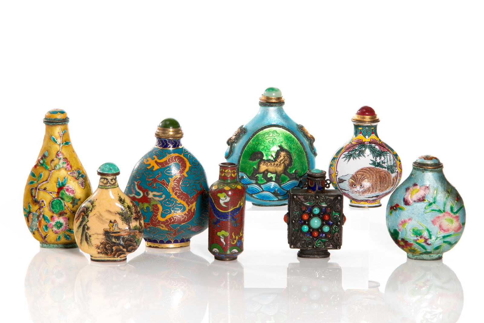GROUP OF EIGHT ASSORTED ENAMELED SNUFF BOTTLES (1 of 3)