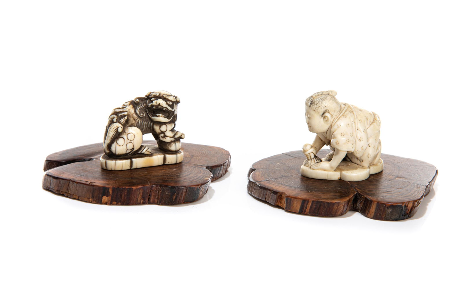 TWO JAPANESE NATURAL NETSUKE OF KARASHISHI AND MAN (1 of 4)