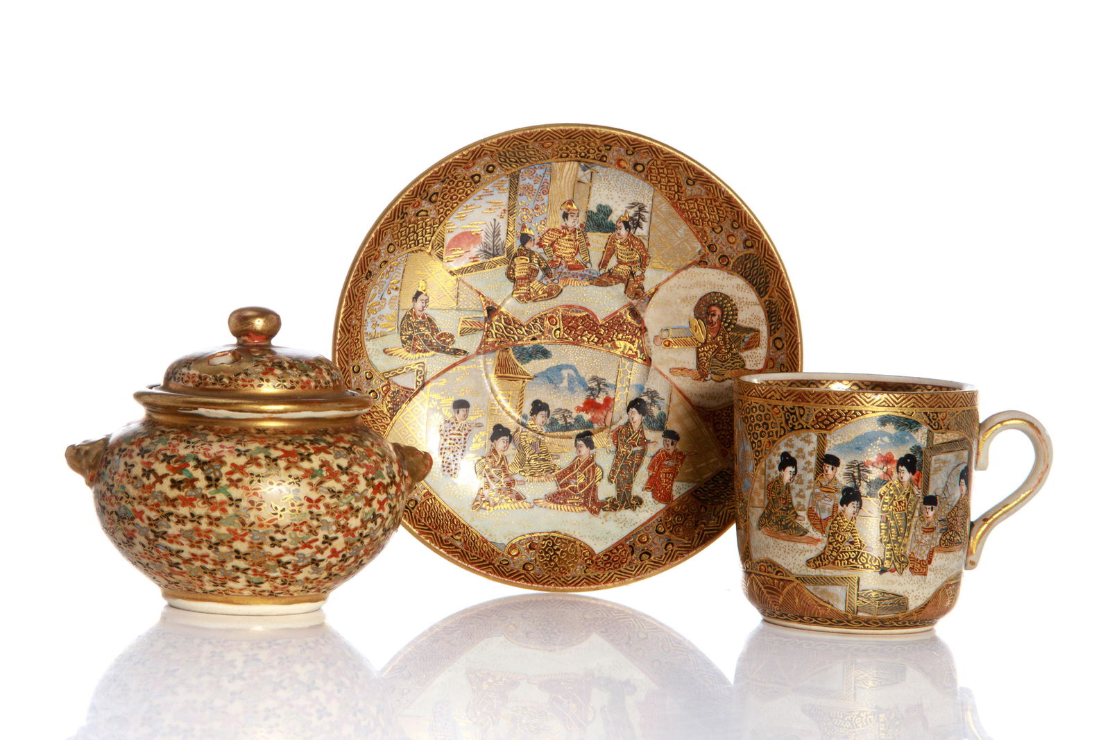 SMALL JAPANESE SATSUMA CENSER & CUP AND SAUCER (1 of 3)