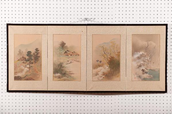 FOUR PANEL JAPANESE TABLE TOP FOLDING SCREEN: With watercolours of landscapes to each panel. Signature and seal to each watercolour. Total length 118 cm (46 1/2 in.)