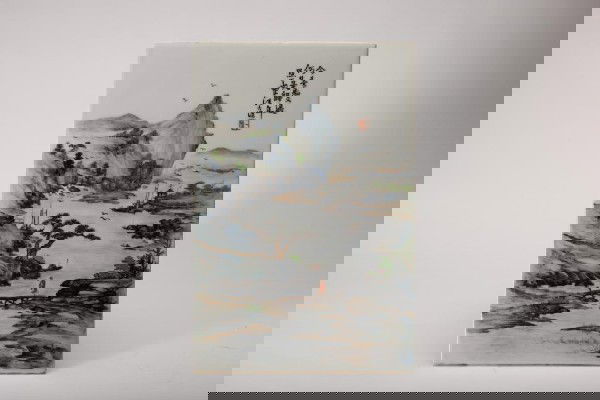 CHINESE FAMILLE ROSE PORCELAN PLAQUE: A detailed mountain and water landscape with a signature to the upper right corner. 38.5 X 26 cm (15 1/8 X 10 1/4 in.)