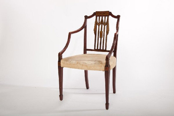 GEORGIAN PAINTED HEPPLEWHITE ARM CHAIR: With overall red paint and polychrome decoration. Late 18th century. H 92 cm (36 1/4in.)