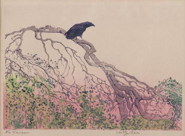 HUSBAND & WIFE COLOUR WOODCUT PRINTS: William Giles (British, 1872-1939) The Raven colour woodcut; signed lower right 21.5cm x 16cm (8 1/2" x 6 1/4") Ada Matilda Shrimpton Giles (British, 1858-1925) Almond Blossom in Appennina colour wood