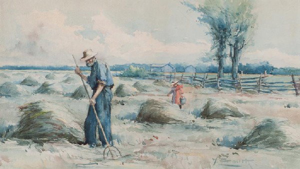 WILLIAM ST. THOMAS SMITH (CANADIAN, 1862-1947): Farmer Stacking Hay in a Field watercolour; signed lower right 55cm x 30.5cm (21 1/2" x 12")