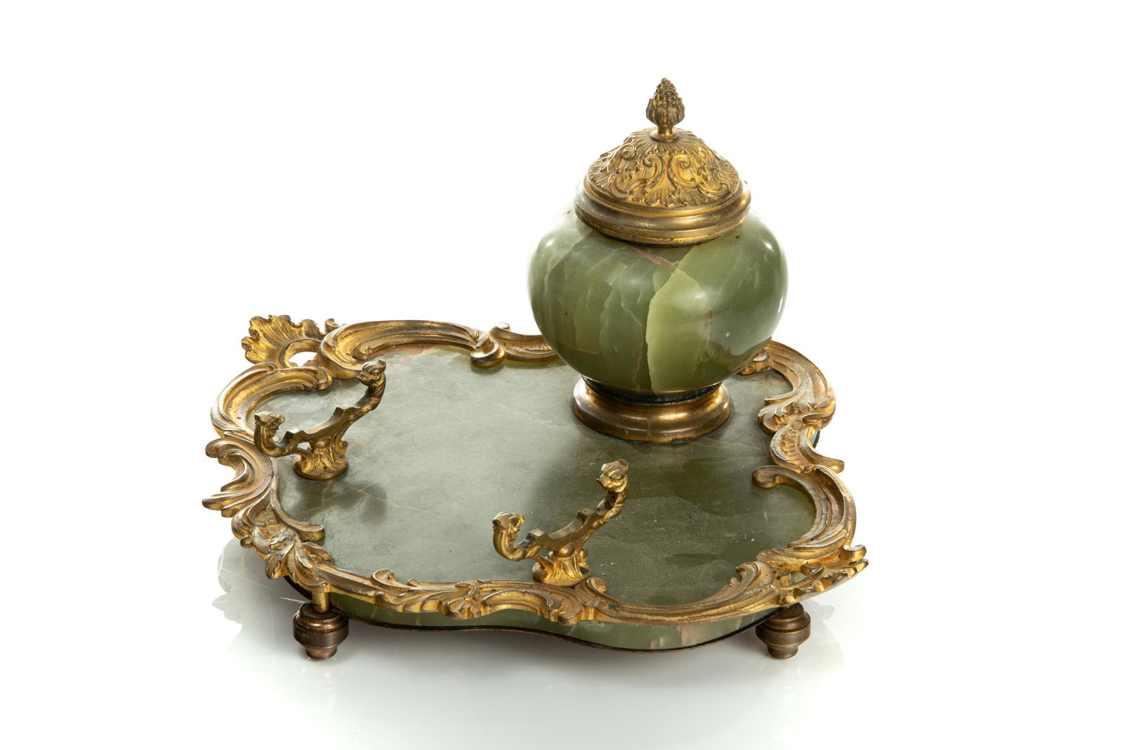 LATE 19th C FRENCH GREEN ONYX INK STAND (1 of 6)