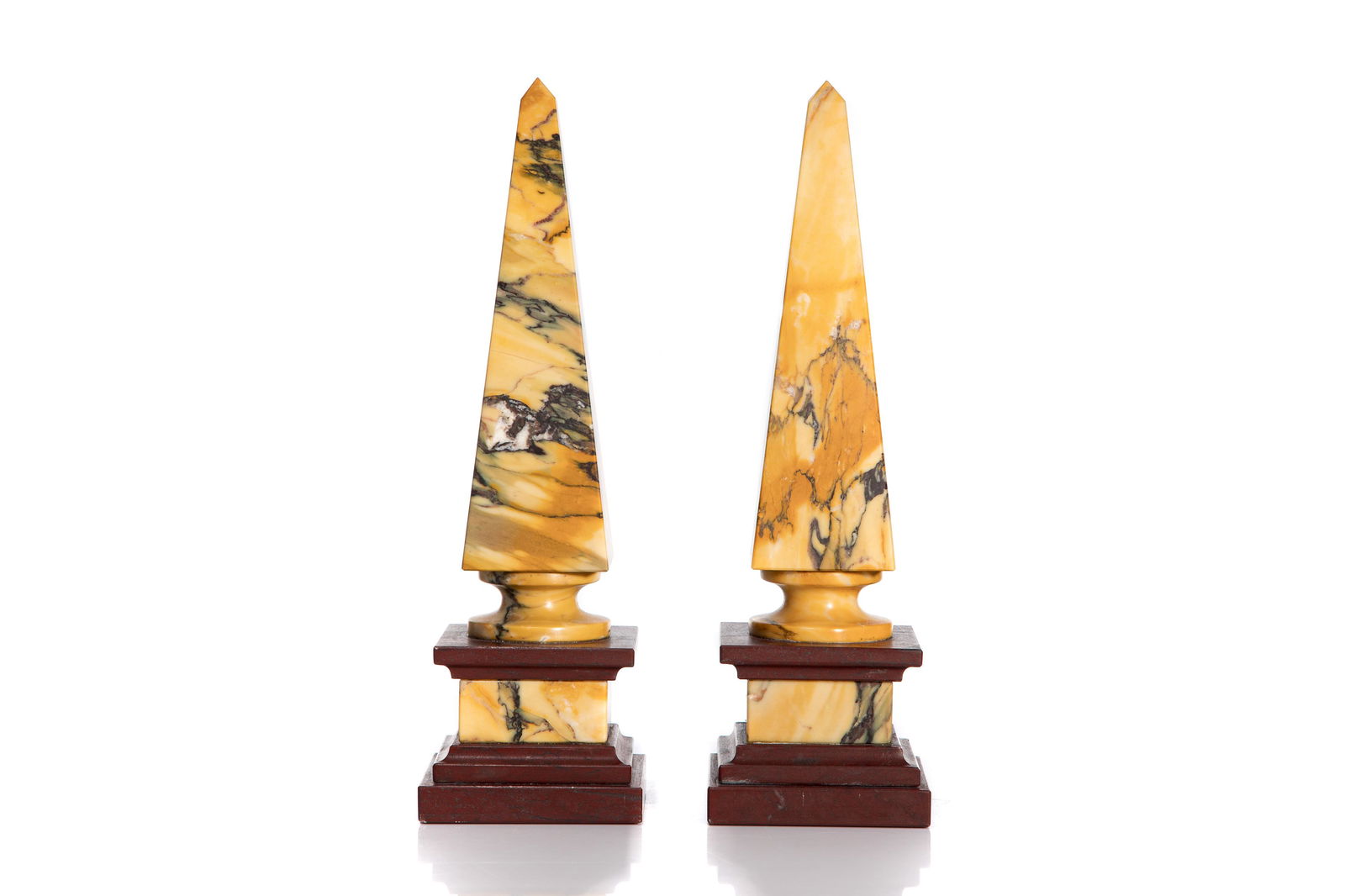 PAIR OF YELLOW VARIEGATED MARBLE OBELISKS (1 of 3)