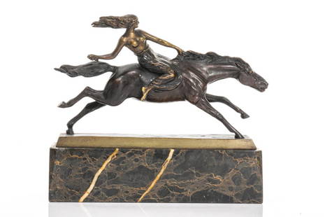 ART DECO STYLE BRONZE OF A WOMAN ON HORSEBACK: Appears to be after Robert Bousquet, depicting an Amazon warrior. Figure is mounted on a rectangular marble base. Inscribed K.uE. Kampf - Berlin and signed, though not legible. H. 25 cm (9 3/4 in) L.